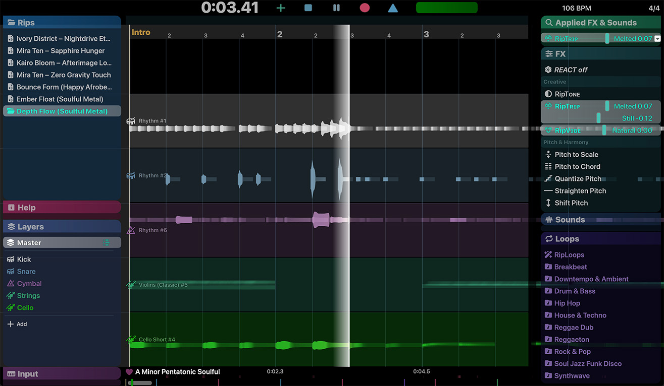 RipX DAW Pro 8 的 RipLoops 循环面板与 RipTrip、RipVibe 效果器，展示多轨 Stem 分离结果