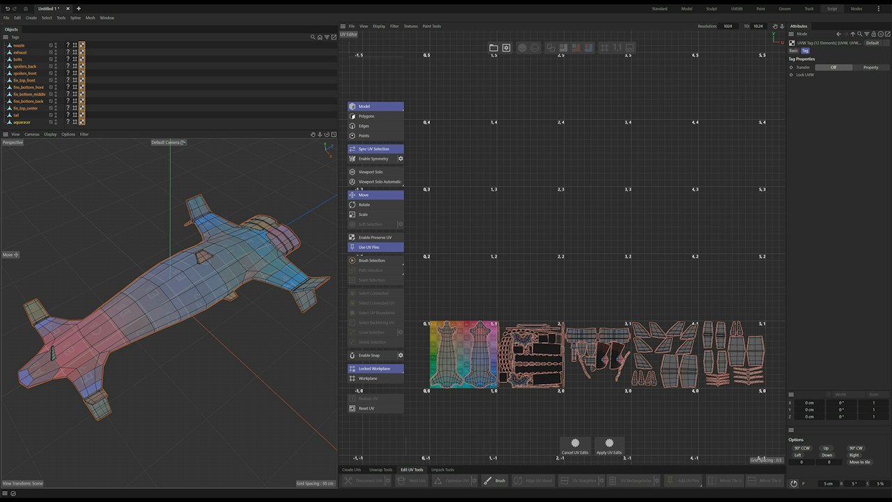 ZBrush 2027.0.1 的 UV Editor 界面,左侧为模型与 UV 壳,右侧为 UV 集与纹素密度面板